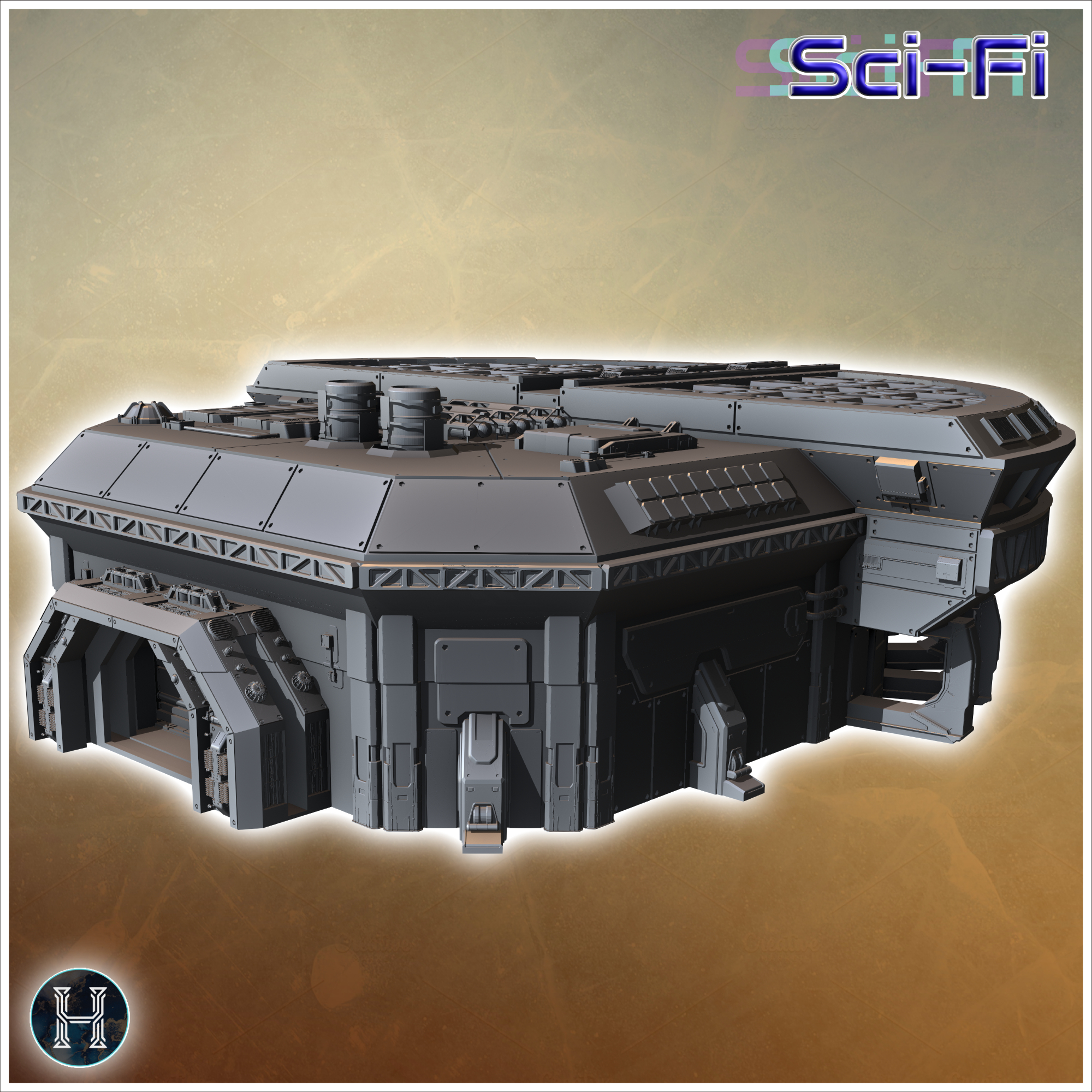Large fortified building with multiple access points and a complex roof structure (6) - Future Sci-Fi SF Post apocalyptic Tabletop Scifi Wargaming Planetary exploration RPG Terrain